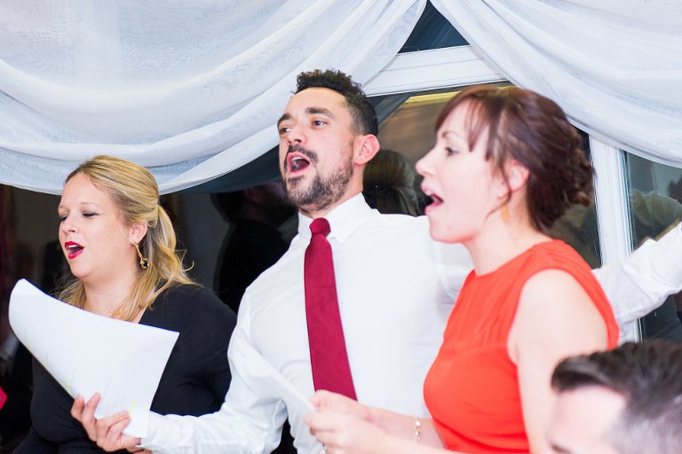 Stanhill Court Wedding Photographer - Singing at reception