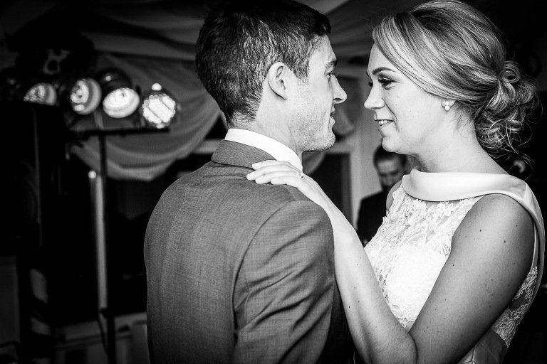 Stanhill Court Wedding Photographer - first dance black and white photo