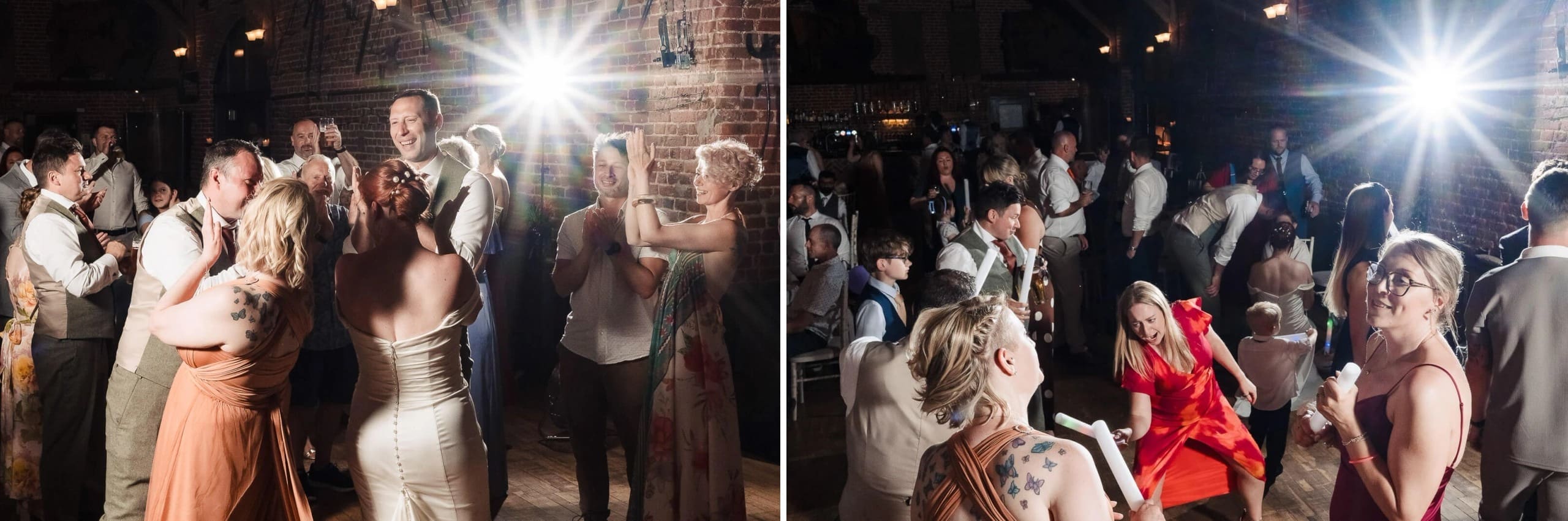 Bride and groom dancing surrounded by guests at their wedding reception. — Wedding at Hunters Hall, Norfolk