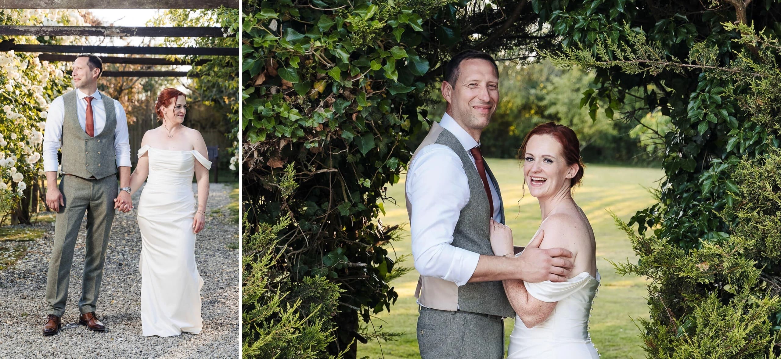 Bride and groom holding hands while walking together on a gravel path beneath a pergola. — Wedding at Hunters Hall, Norfolk