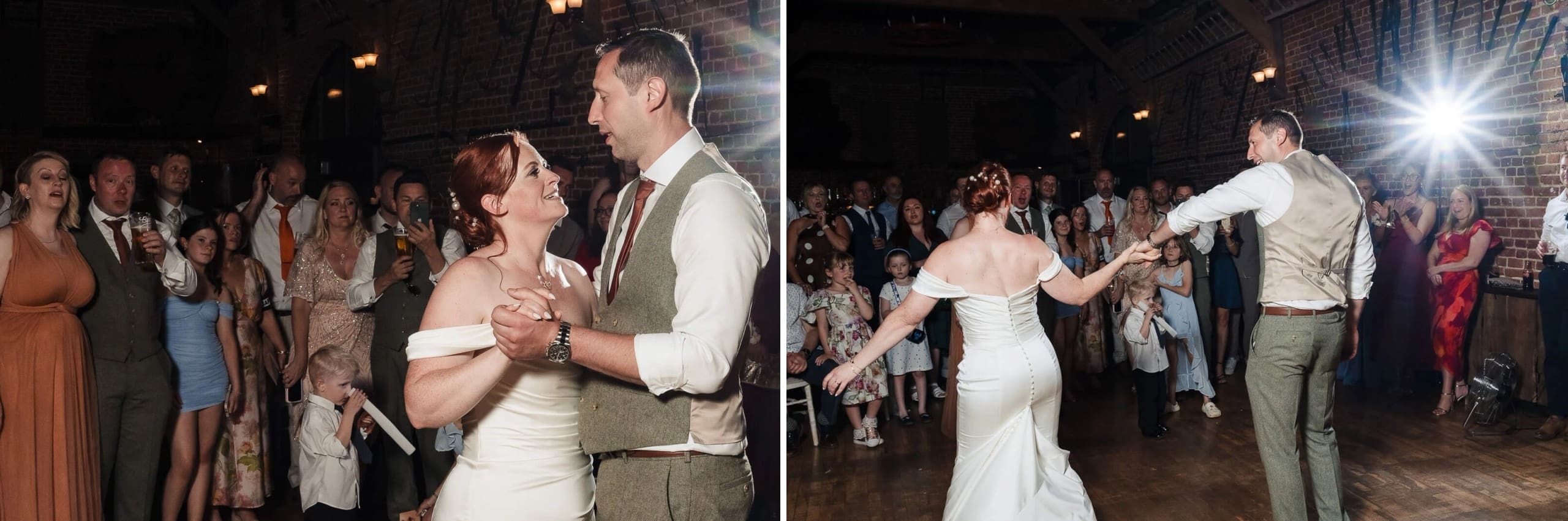 Bride and groom share their first dance while guests watch from the surrounding dance floor. — Wedding at Hunters Hall, Norfolk