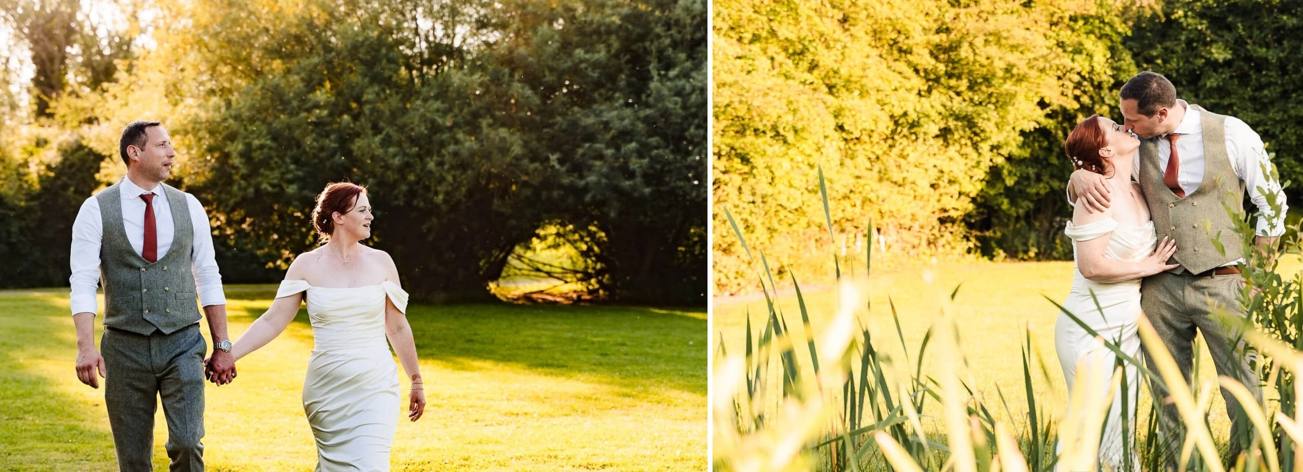 Bride and groom walking hand in hand through a sunlit park, looking ahead together. — Wedding at Hunters Hall, Norfolk