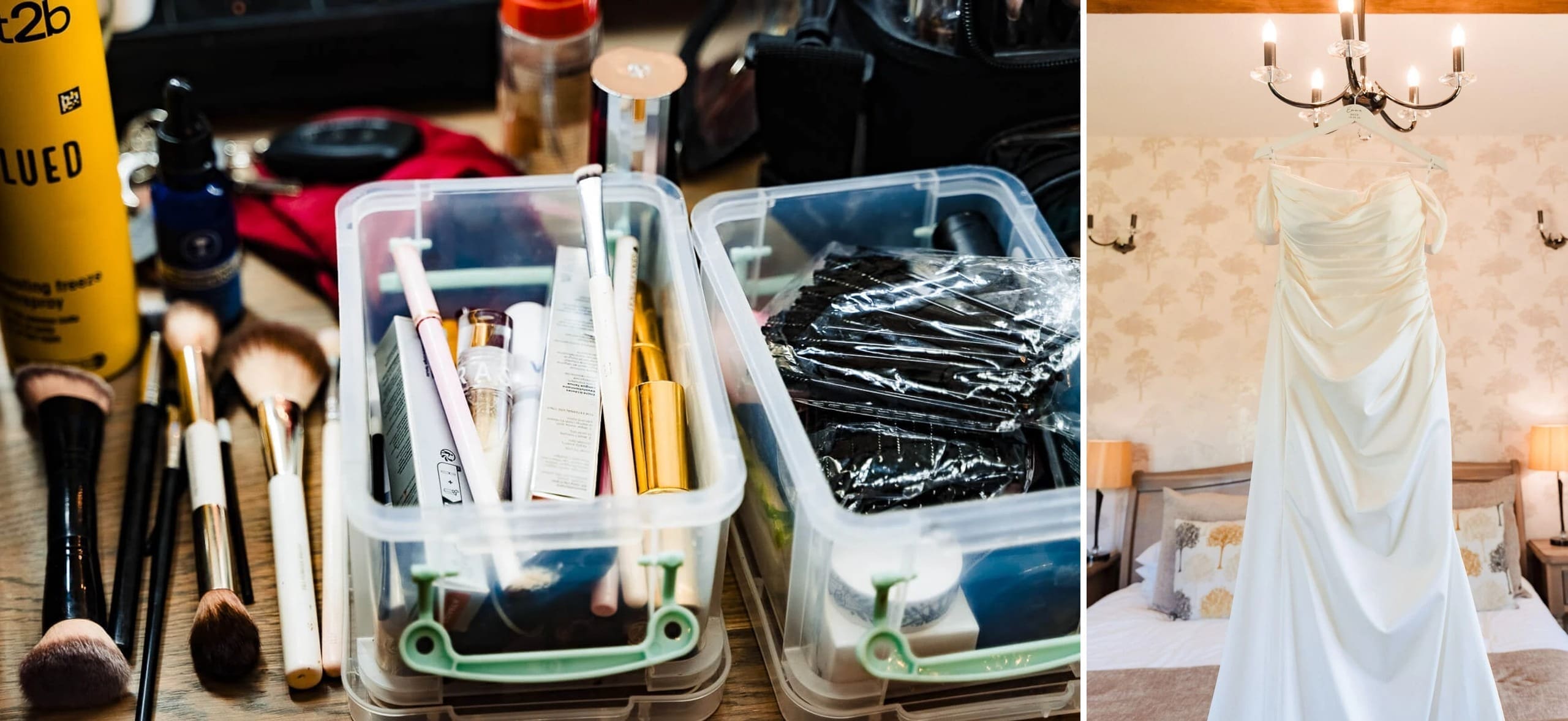 Makeup artist's collection of brushes and cosmetics organized in clear storage containers on a vanity. — Wedding at Hunters Hall, Norfolk