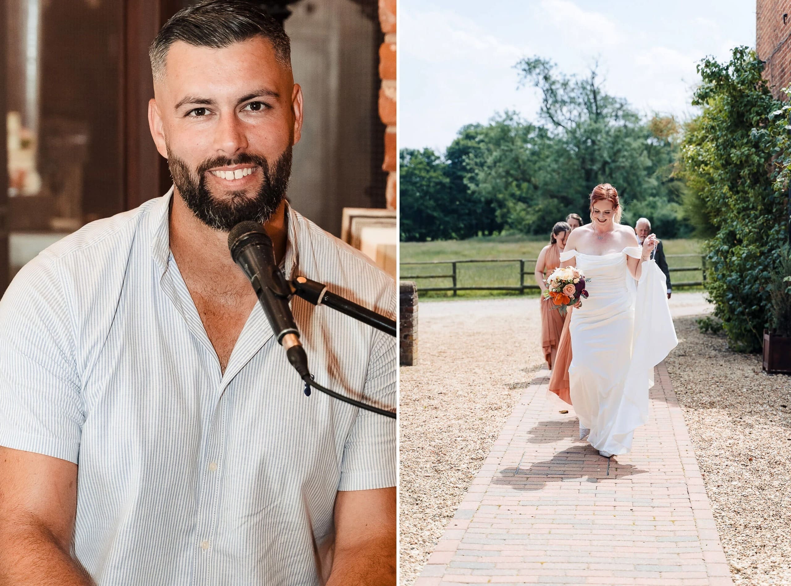 Man speaking into a microphone, smiling at the camera during an indoor event. — Wedding at Hunters Hall, Norfolk