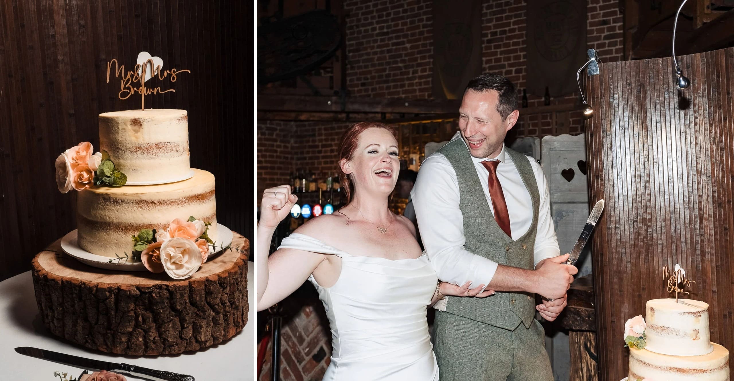 A three-tiered wedding cake decorated with fresh flowers sits on a wood-slice base, topped with a gold calligraphy cake topper. — Wedding at Hunters Hall, Norfolk