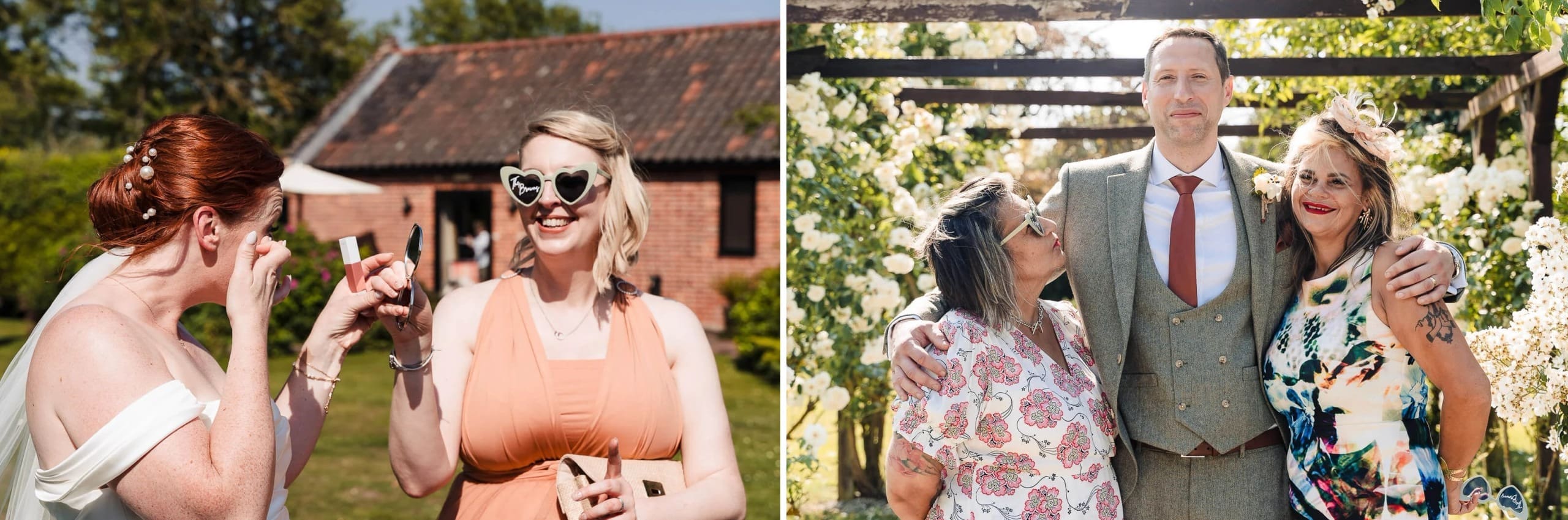 Woman in peach dress laughing while showing her friend a lipstick tube outdoors. — Wedding at Hunters Hall, Norfolk