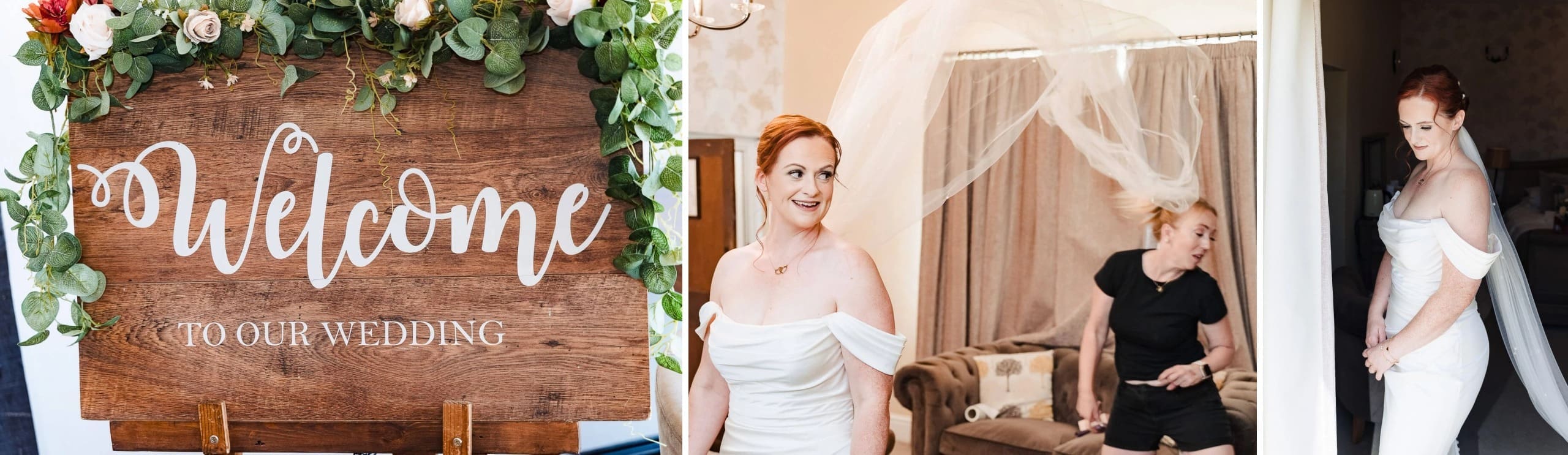 A wooden welcome sign decorated with fresh flowers and greenery for a wedding ceremony. — Wedding at Hunters Hall, Norfolk