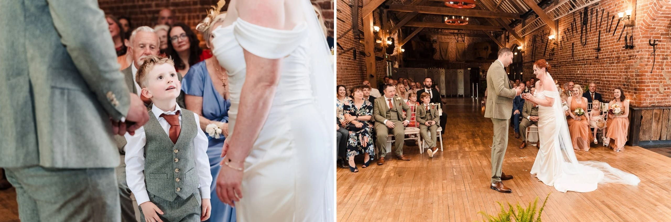 Young child in formal vest stands between bride and groom during ceremony, looking upward with wonder. — Wedding at Hunters Hall, Norfolk
