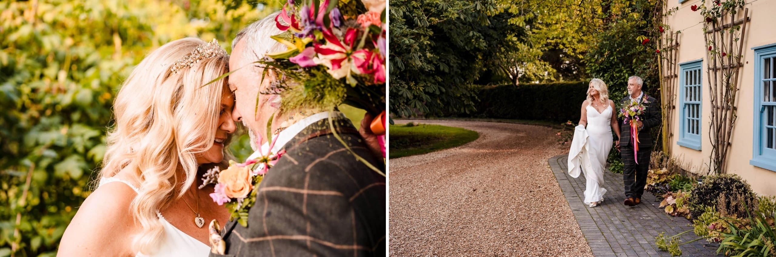 Bride and groom touching foreheads in an intimate moment near a vibrant floral arrangement. — Wedding at South Farm, Cambridgeshire