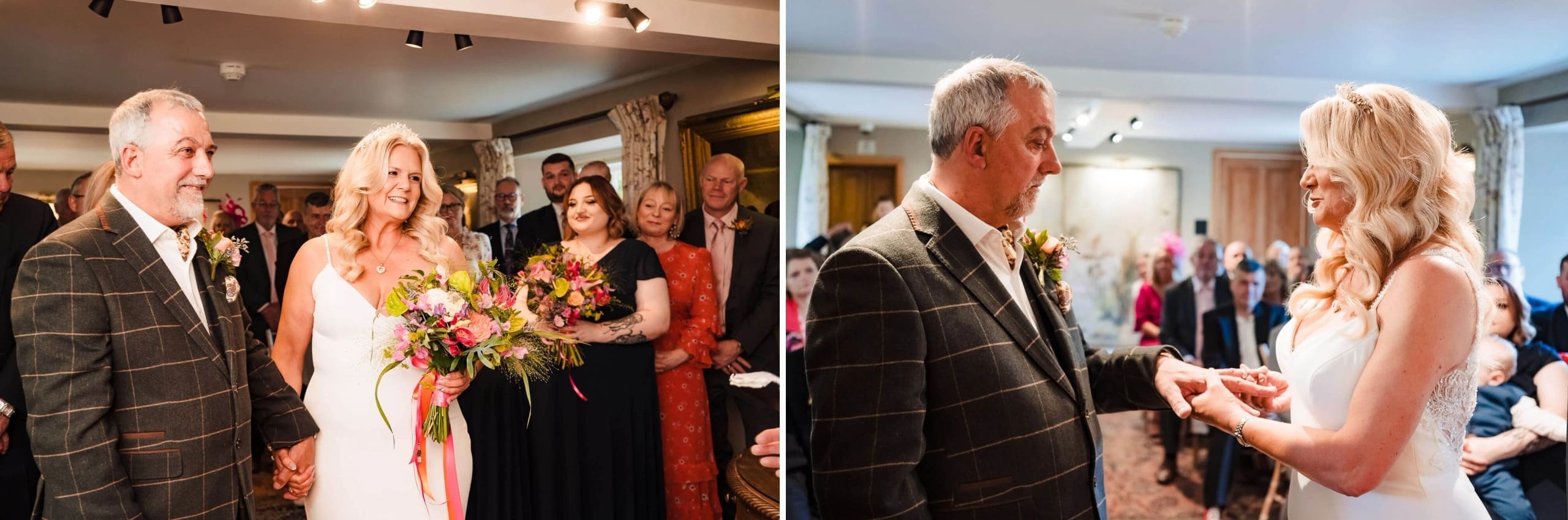 Bride and groom walk together down an aisle as wedding guests applaud and watch from both sides. — Wedding at South Farm, Cambridgeshire