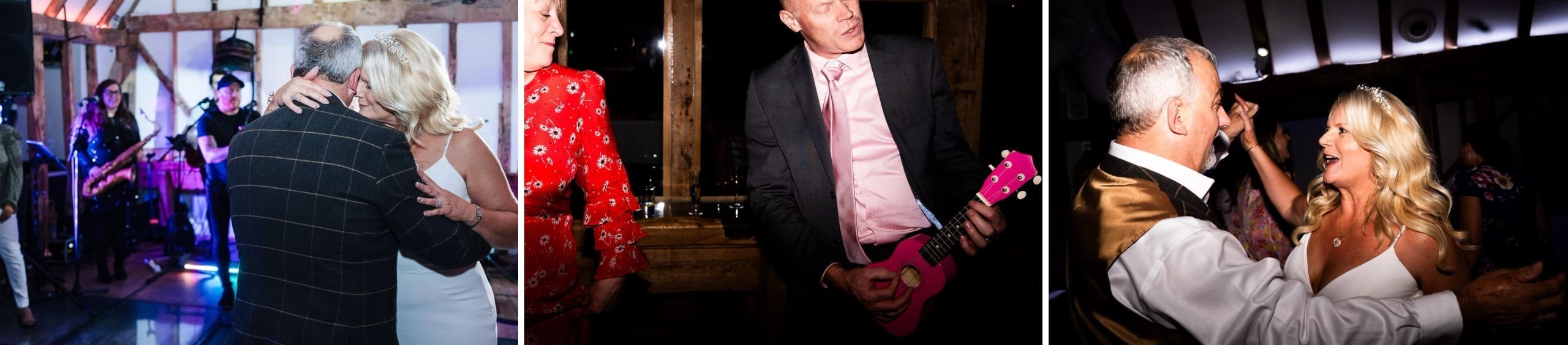 Couple dancing together at a wedding reception while a live band performs on stage behind them. — Wedding at South Farm, Cambridgeshire
