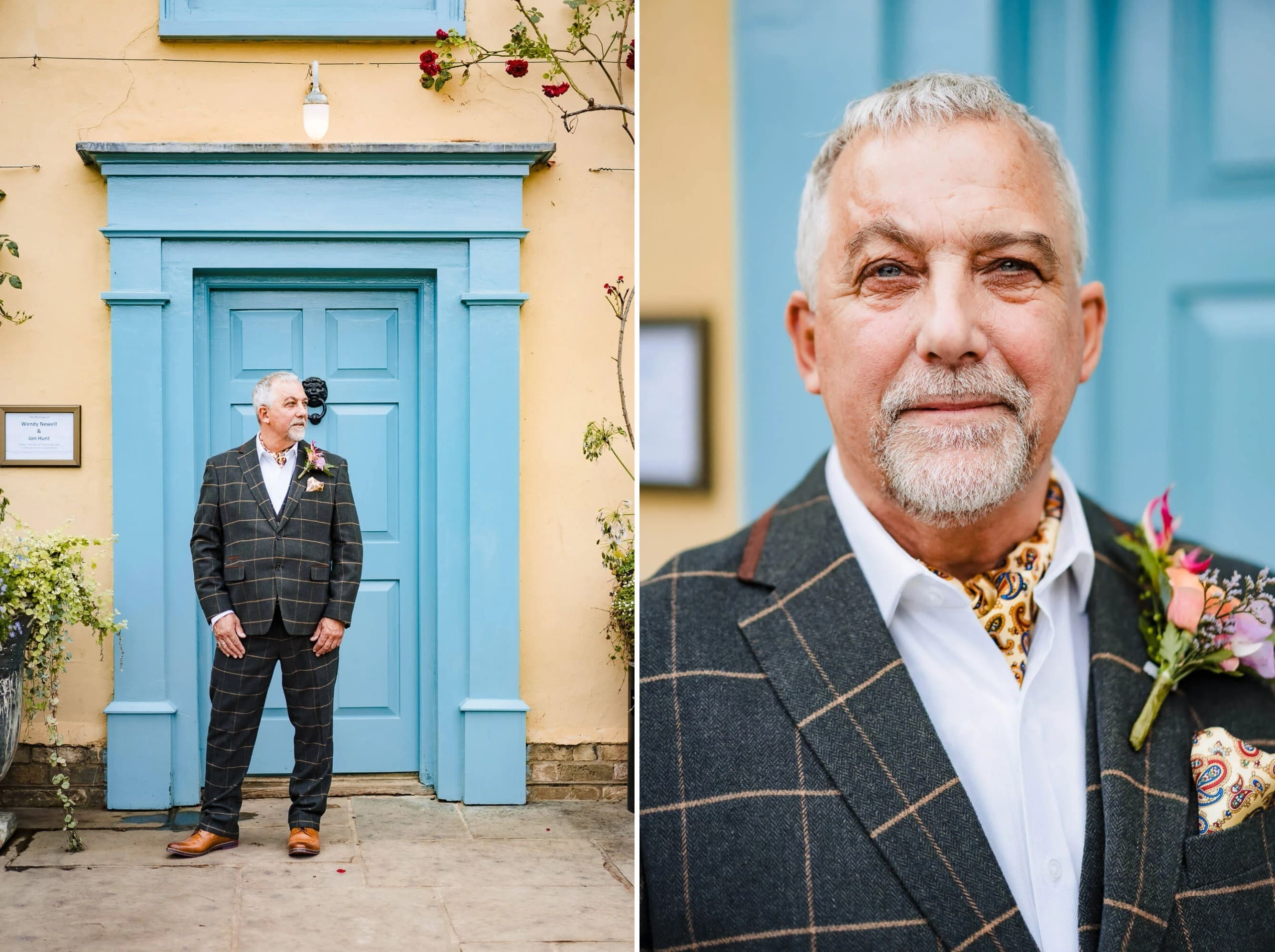 Groom standing alone in front of a blue doorway, looking to the side in formal attire. — Wedding at South Farm, Cambridgeshire