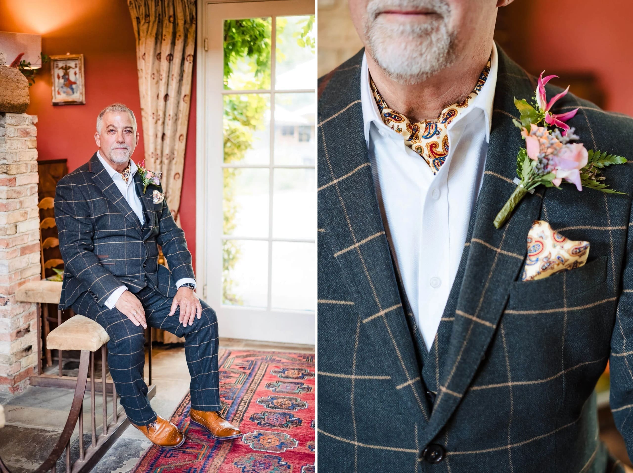 Man in navy plaid suit sitting on a wooden stool, posing for a portrait in a residential interior. — Wedding at South Farm, Cambridgeshire