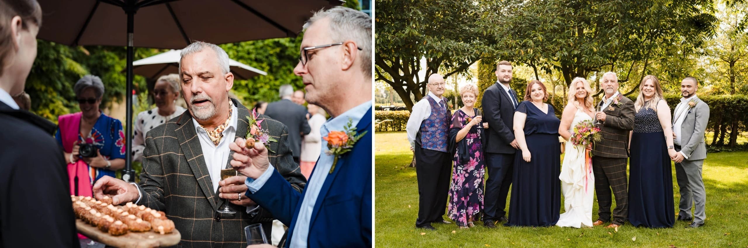 Men in suits conversing and eating appetizers at an outdoor garden reception. — Wedding at South Farm, Cambridgeshire