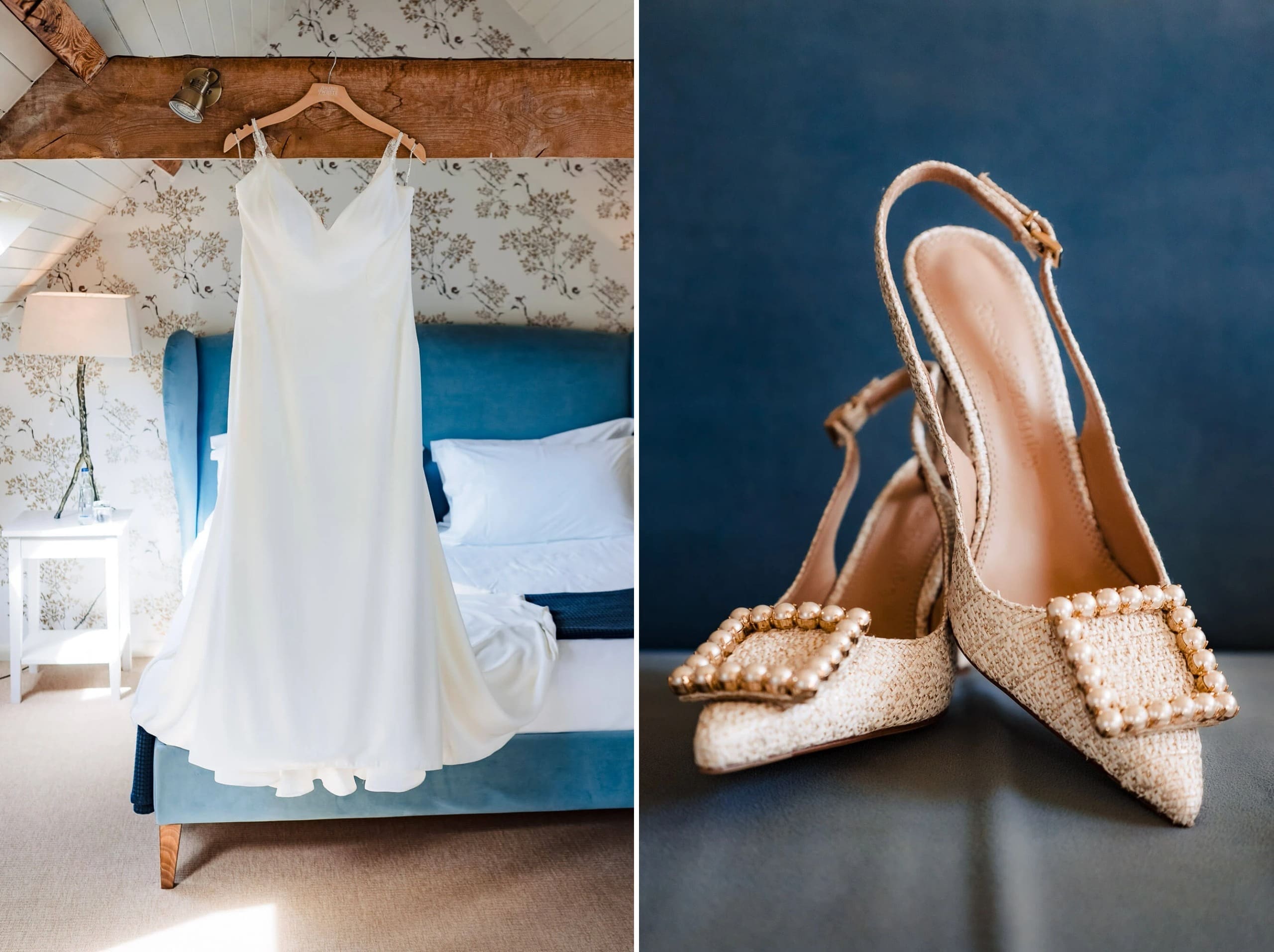 A white wedding dress hangs from a wooden beam above a blue bed in a bedroom. — Wedding at South Farm, Cambridgeshire