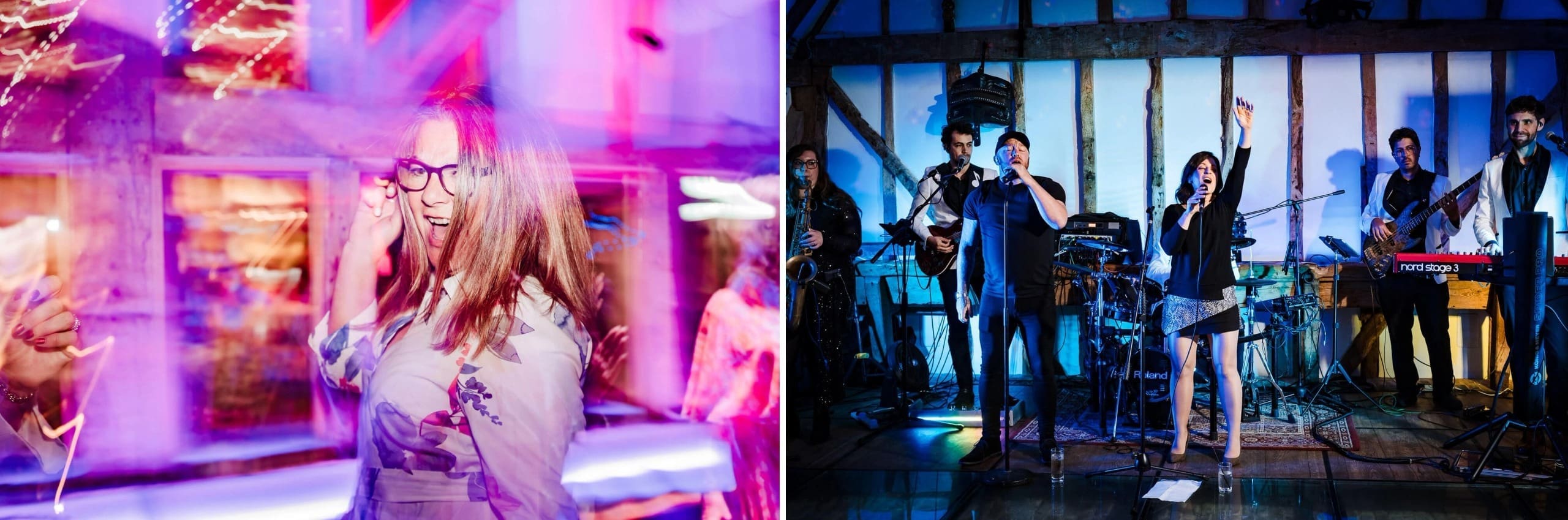 Woman laughing and dancing in neon-lit nightclub environment — Wedding at South Farm, Cambridgeshire