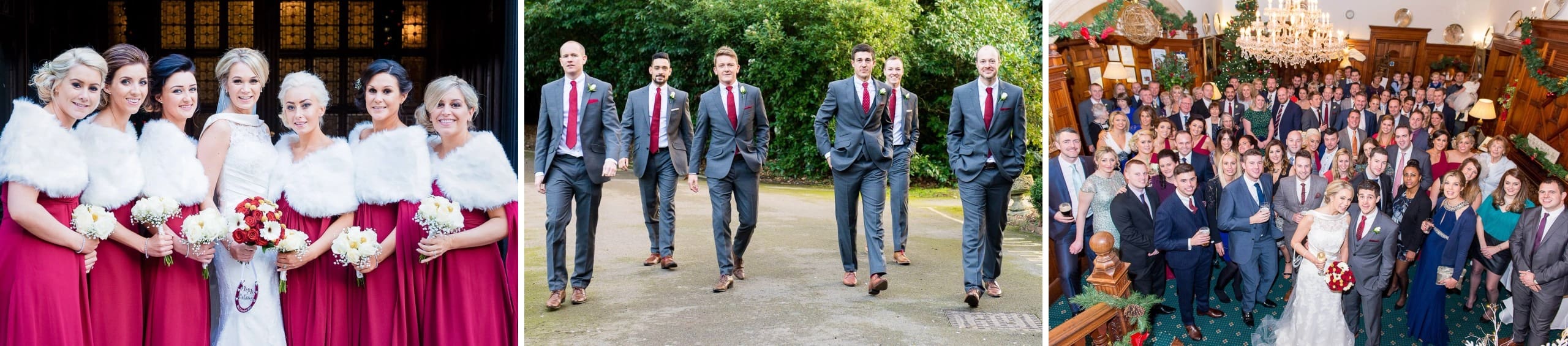 Bride and bridesmaids posing together in formal wedding party lineup, holding bouquets. — Wedding at Stanhill Court Hotel, Surrey