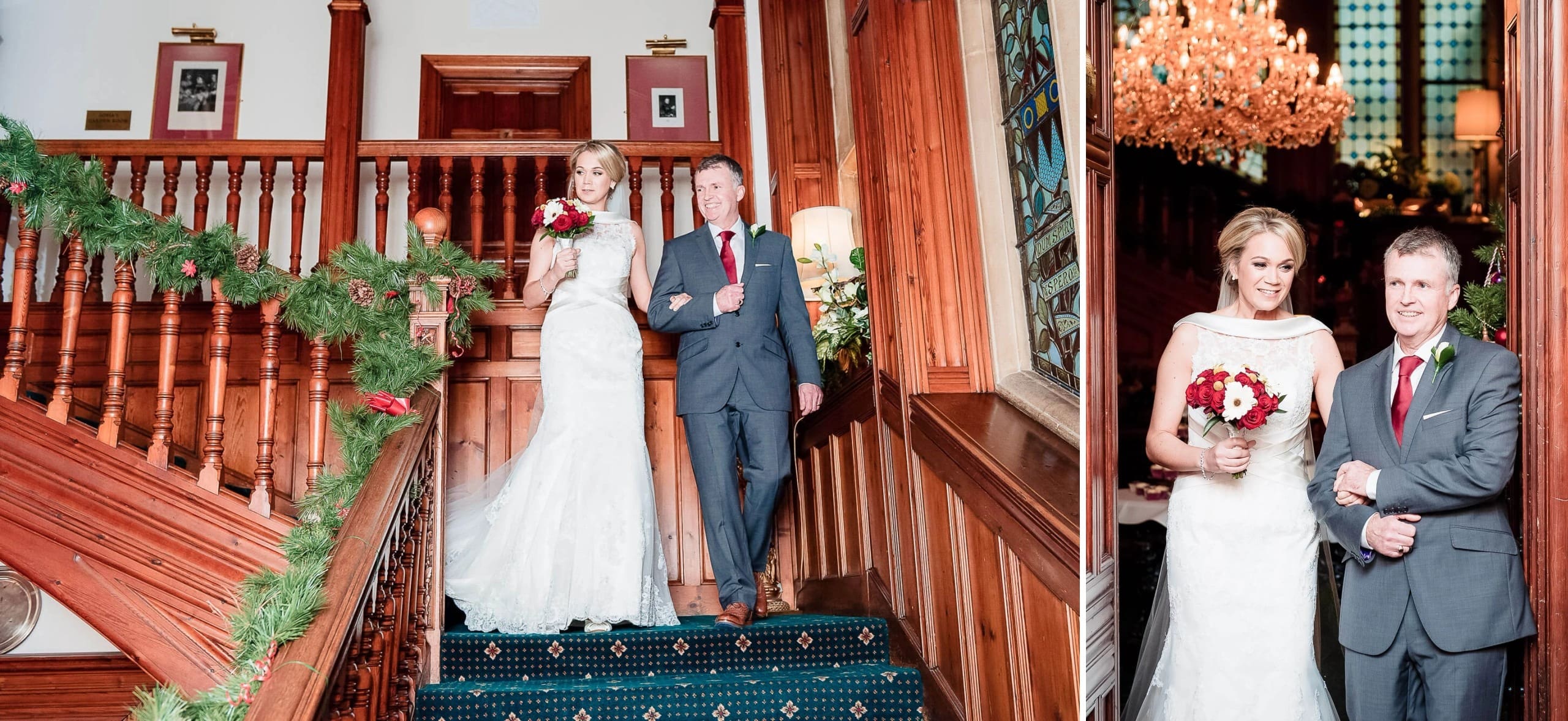 Bride and groom descending a wooden staircase together after their ceremony, walking arm in arm. — Wedding at Stanhill Court Hotel, Surrey