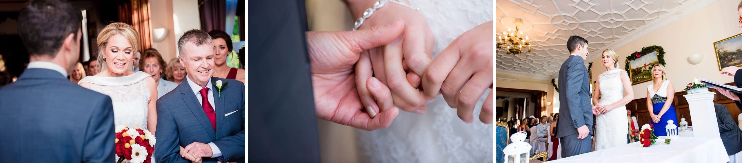 Bride and groom greeting guests during reception, smiling and shaking hands with attendees. — Wedding at Stanhill Court Hotel, Surrey
