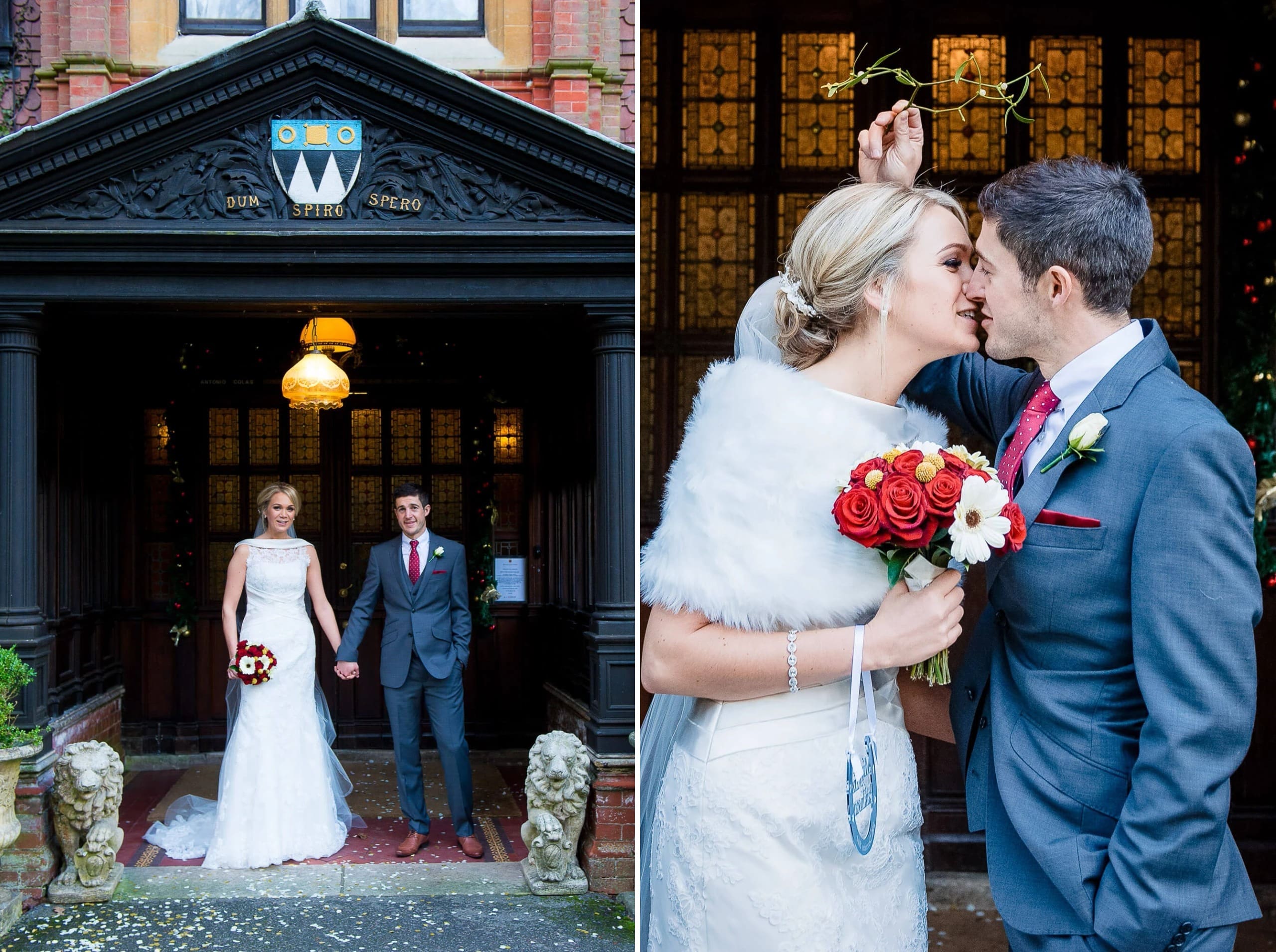 Bride and groom standing together at the entrance of a historic building, holding hands and facing the camera. — Wedding at Stanhill Court Hotel, Surrey