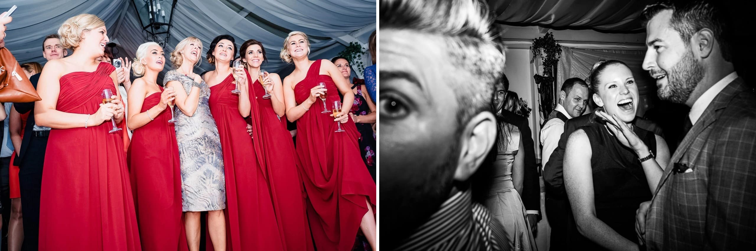 Bridesmaids and bride celebrating together under a tent, holding champagne glasses and looking upward. — Wedding at Stanhill Court Hotel, Surrey