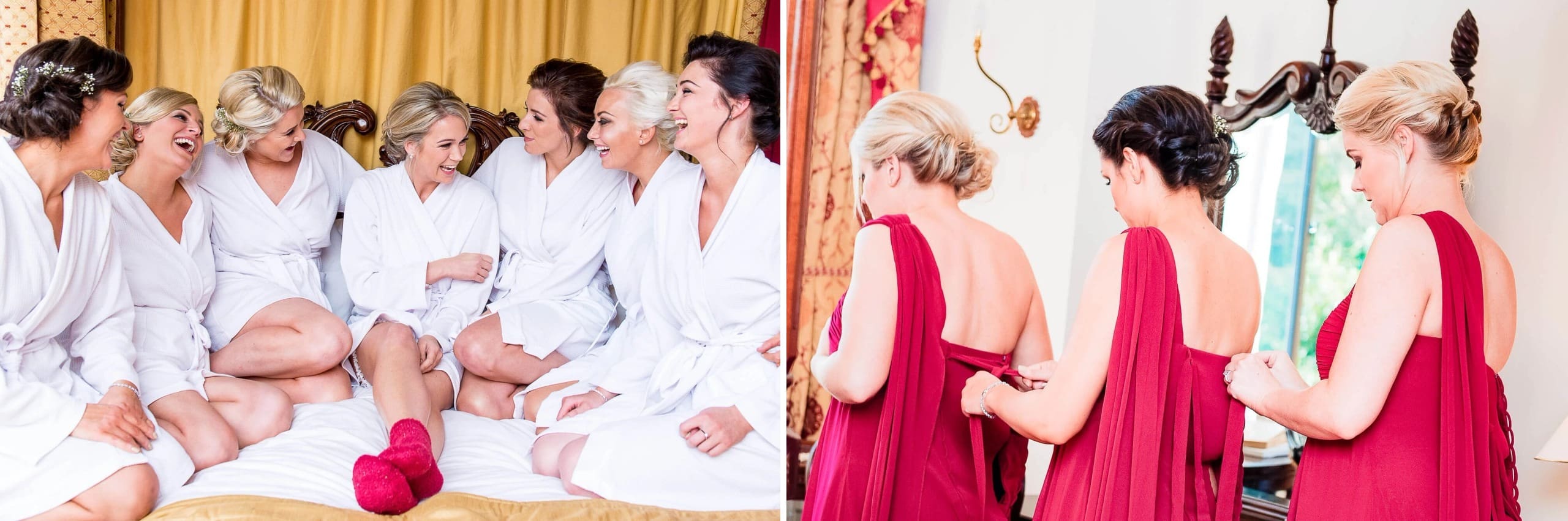 A group of women in white robes laughing together on a bed, sharing an intimate moment before the wedding. — Wedding at Stanhill Court Hotel, Surrey