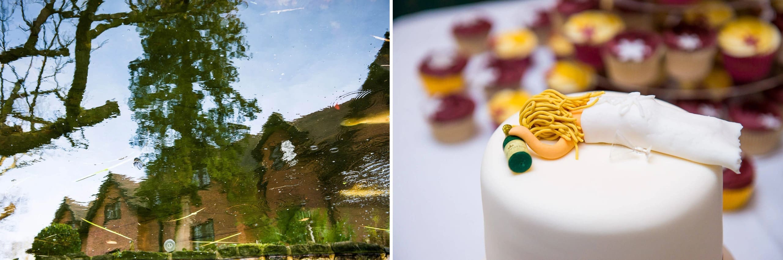 Ivy-covered brick building facade reflected in still water, trees overhead creating dappled light. — Wedding at Stanhill Court Hotel, Surrey