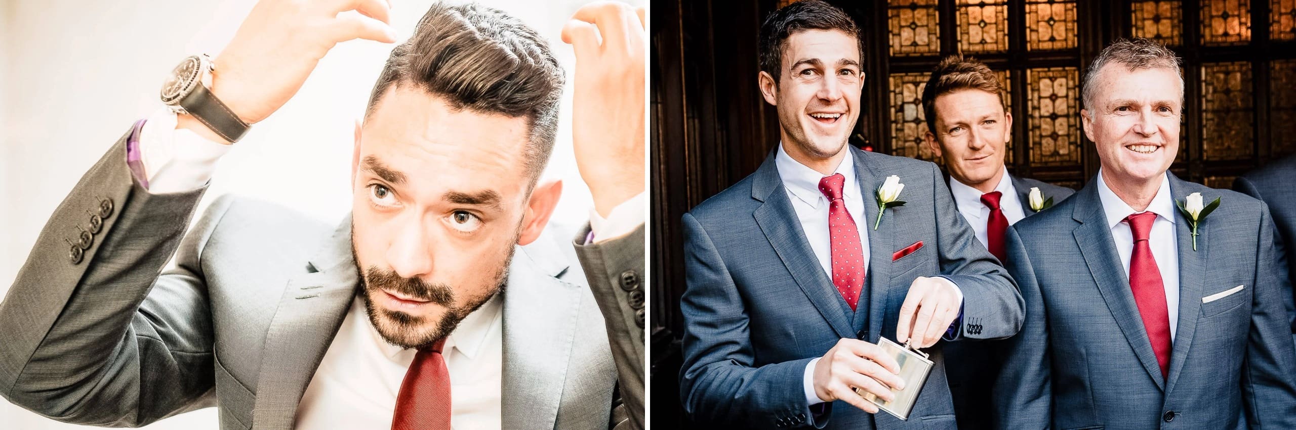 Man adjusting his hair and styling his appearance while looking at camera — Wedding at Stanhill Court Hotel, Surrey