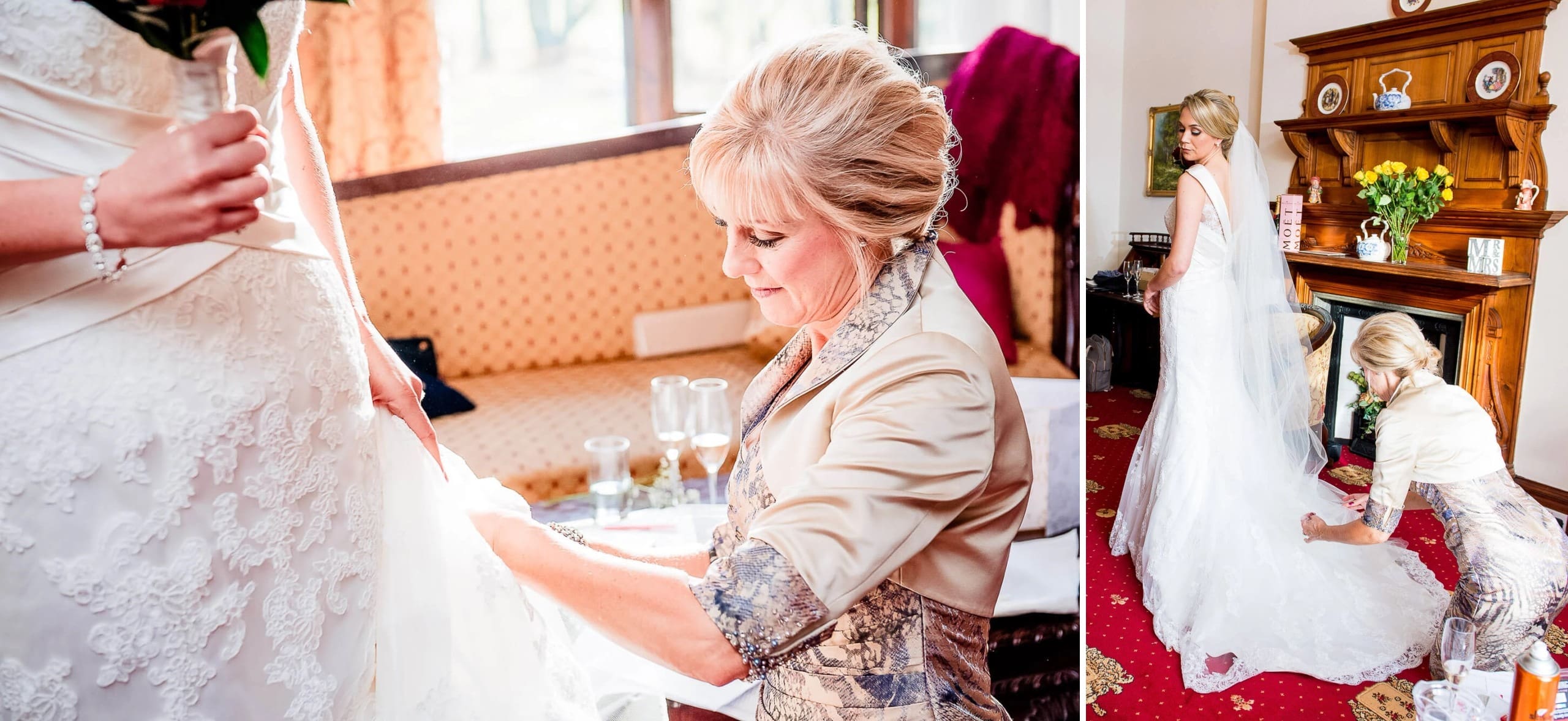 Mother of the bride adjusting the lace details on the bride's wedding dress during getting-ready. — Wedding at Stanhill Court Hotel, Surrey