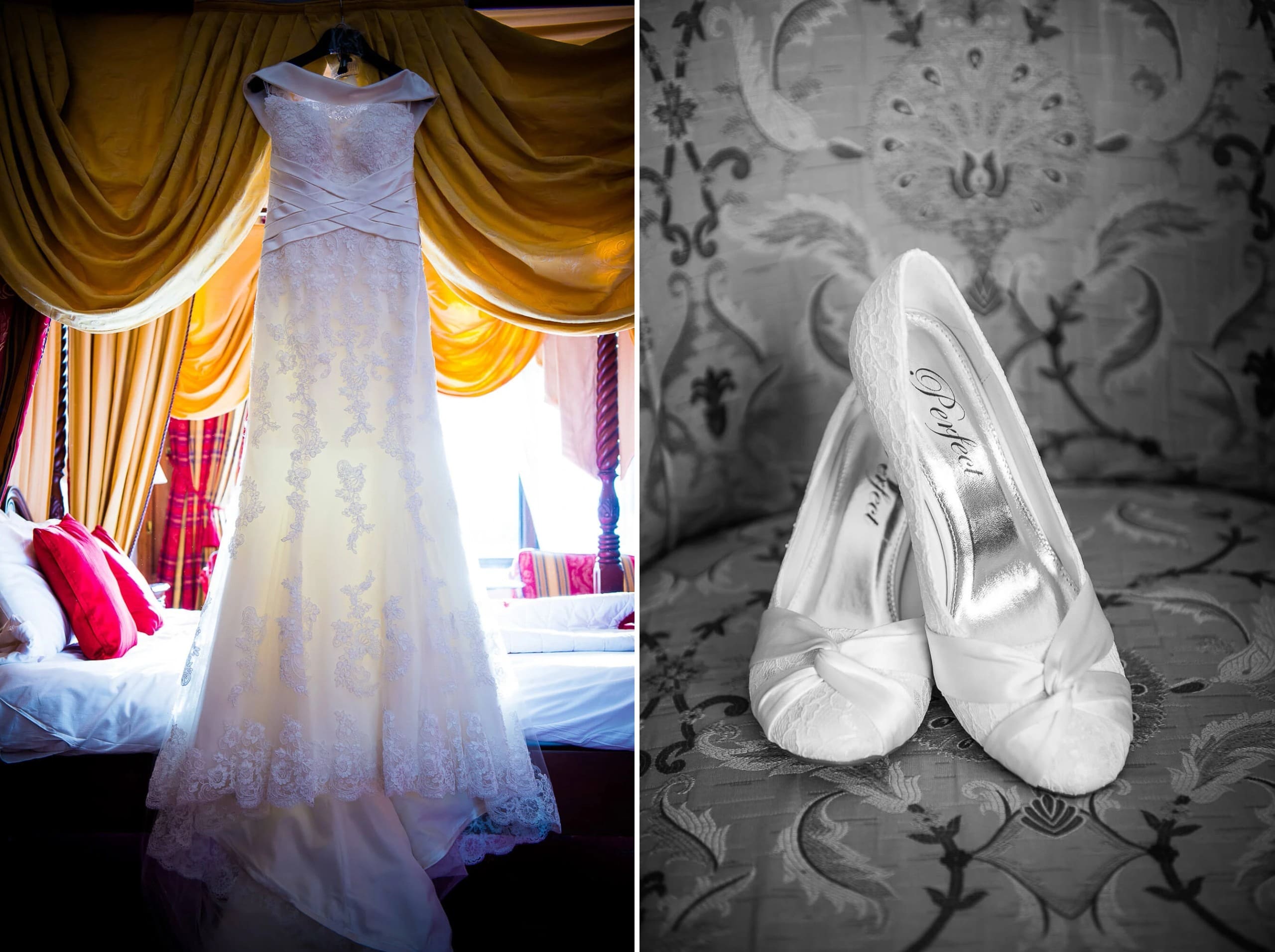 Wedding dress hanging from a canopy frame in a bedroom, backlit by bright daylight. — Wedding at Stanhill Court Hotel, Surrey