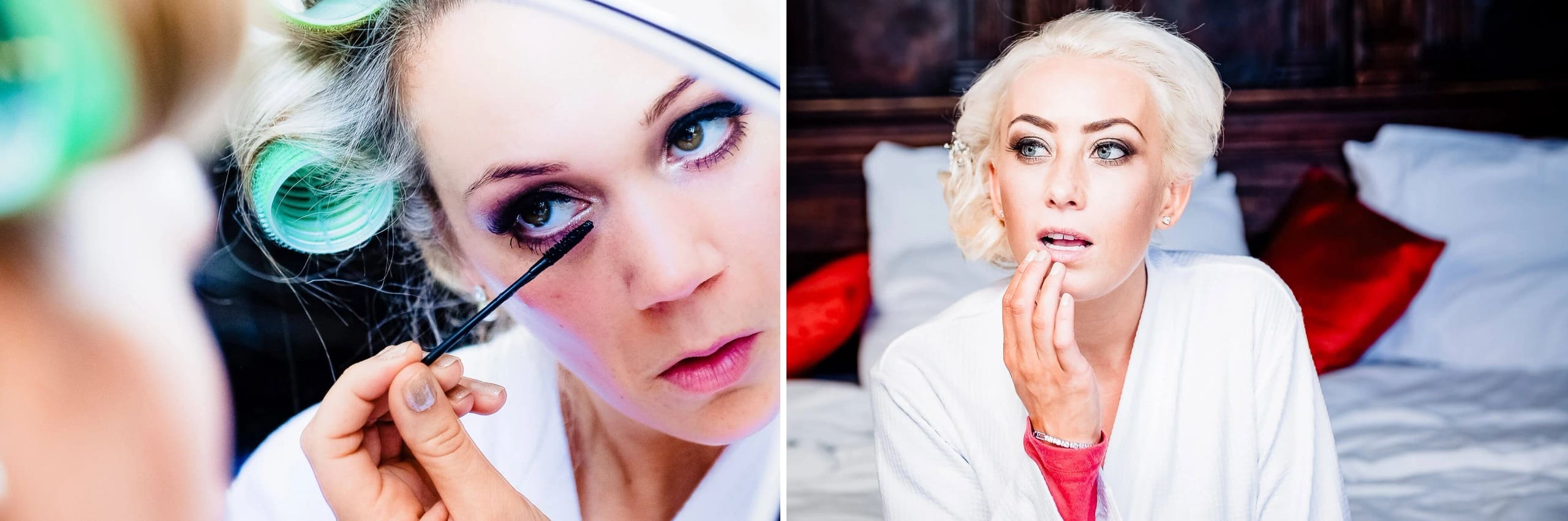 Woman applying mascara to her eye while holding a makeup brush, concentrating on her reflection. — Wedding at Stanhill Court Hotel, Surrey