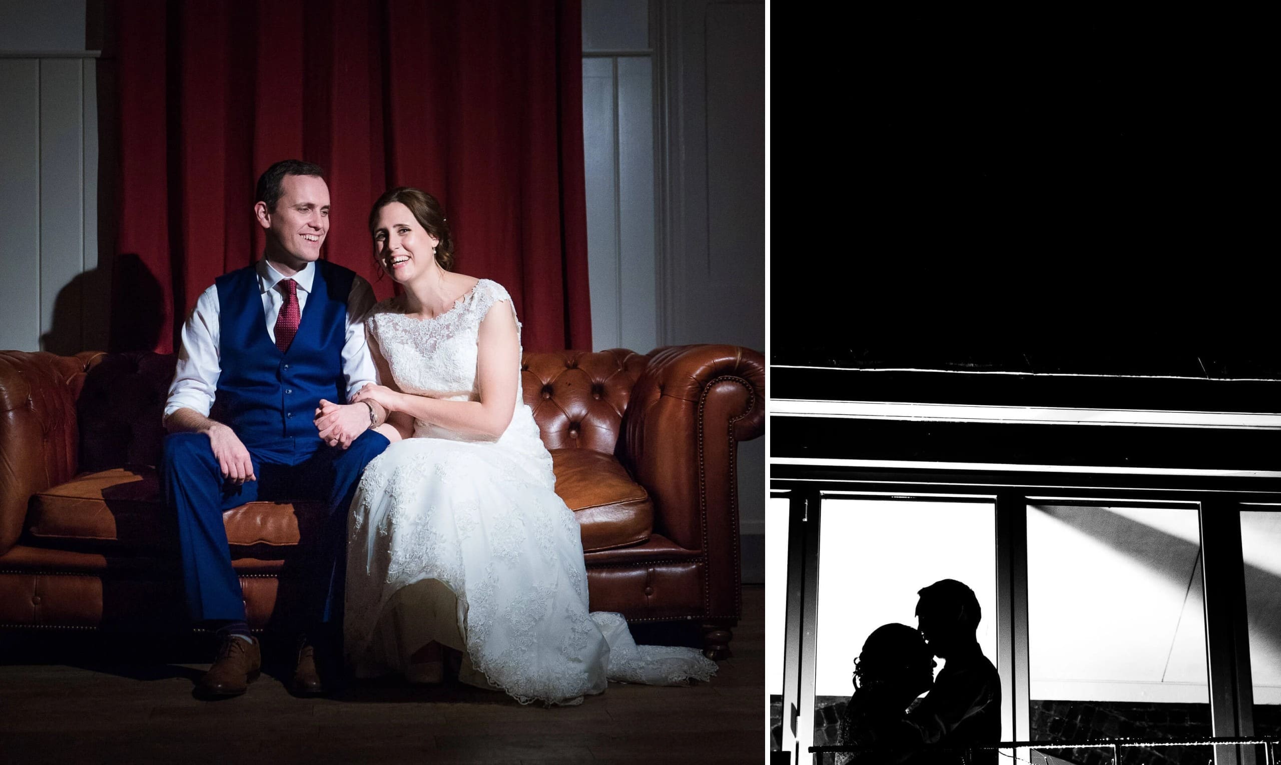Bride and groom sit together on a leather sofa, holding hands and gazing at each other with affection. — Wedding at The Lodge Hotel Putney, London