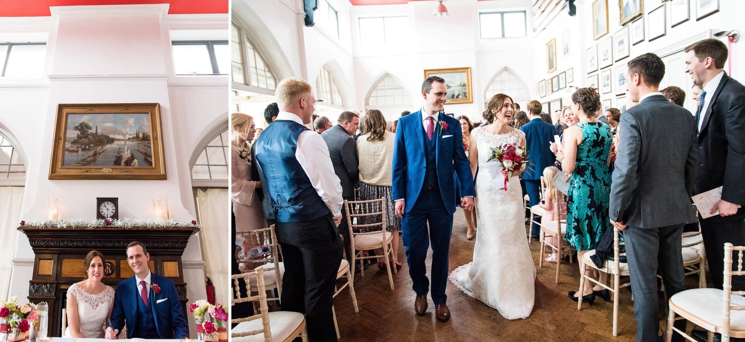 Bride and groom standing together in front of an ornate fireplace mantel for a formal wedding portrait. — Wedding at The Lodge Hotel Putney, London