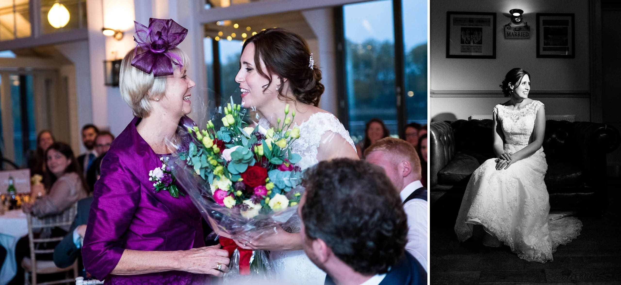 Bride receiving flowers from an older woman at a wedding reception, both smiling warmly. — Wedding at The Lodge Hotel Putney, London