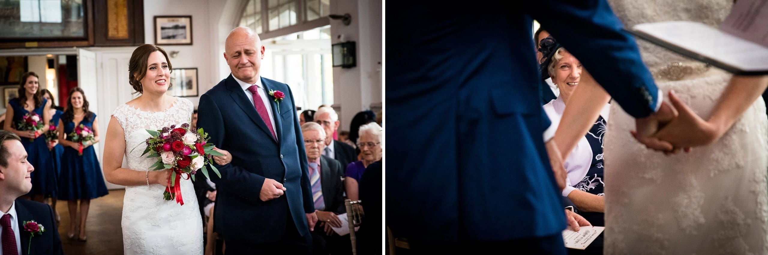 Bride walking down the aisle with her father during the ceremony processional. — Wedding at The Lodge Hotel Putney, London