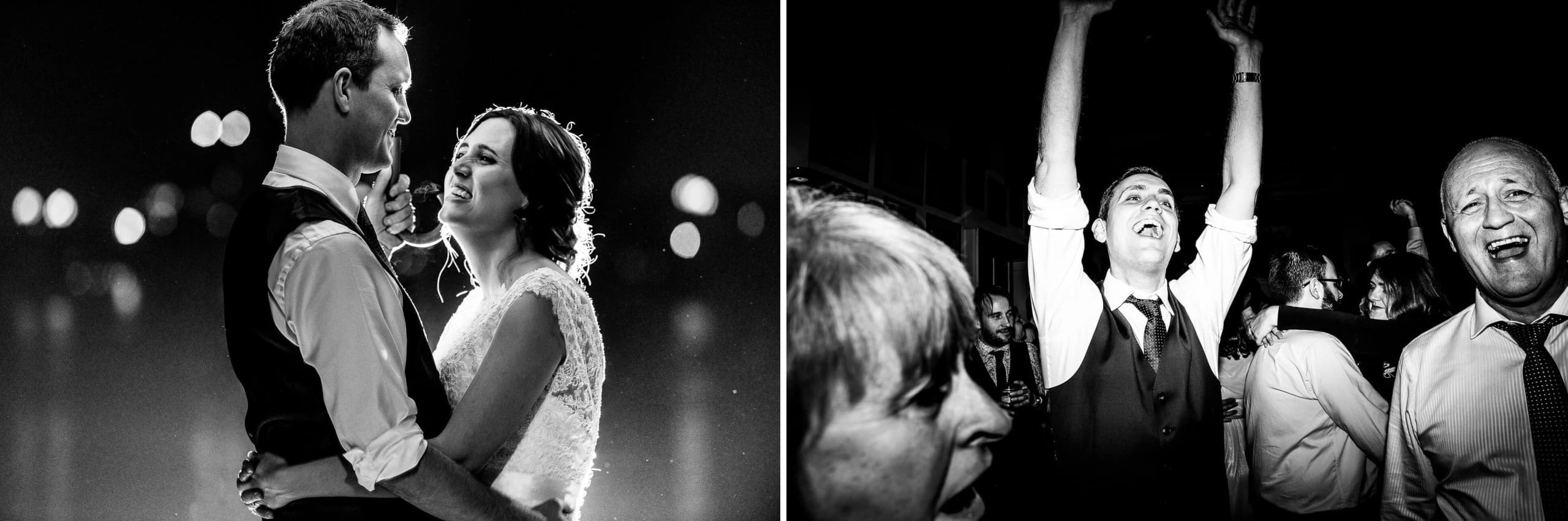Couple dancing together at night, groom holding bride close as she gazes up at him. — Wedding at The Lodge Hotel Putney, London