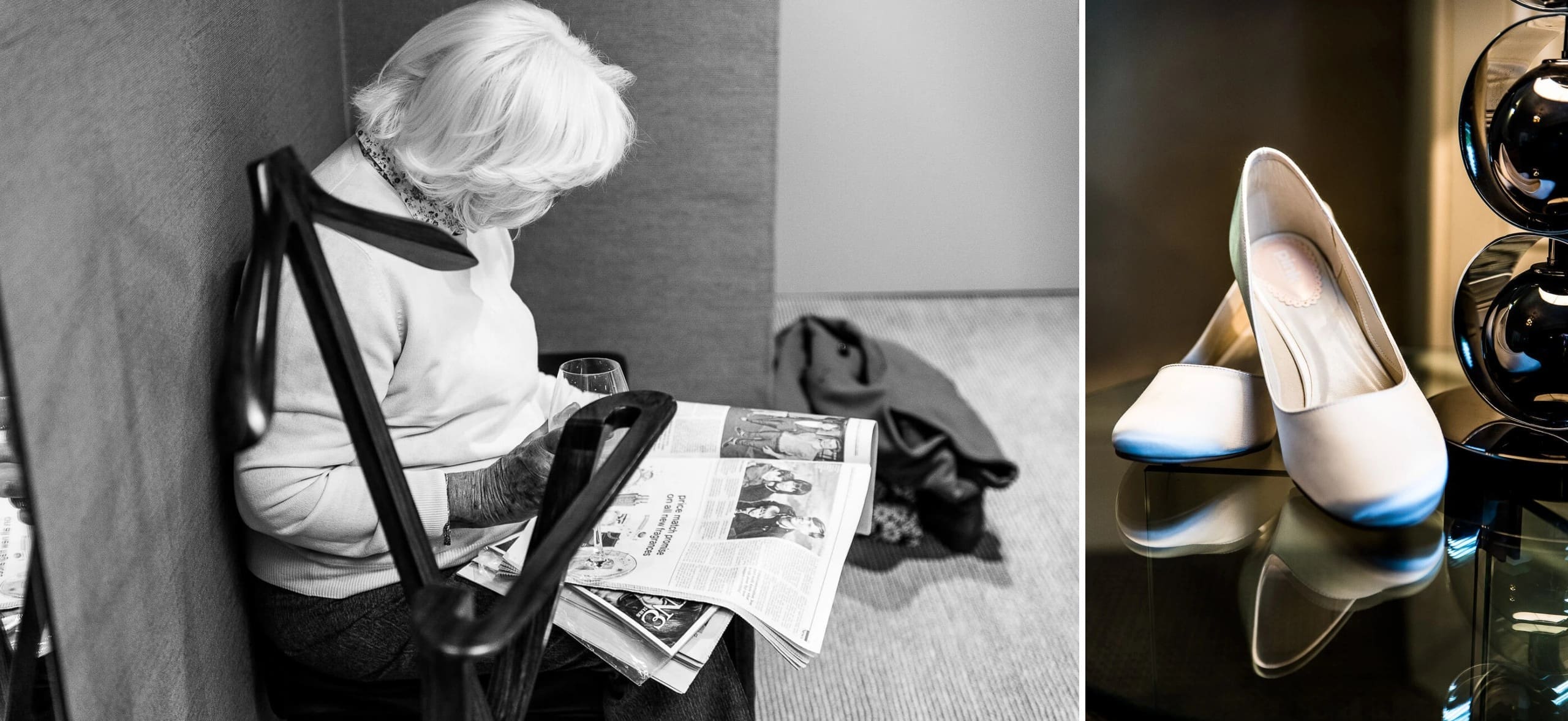 Elderly woman reading a newspaper while seated in a chair. — Wedding at The Lodge Hotel Putney, London