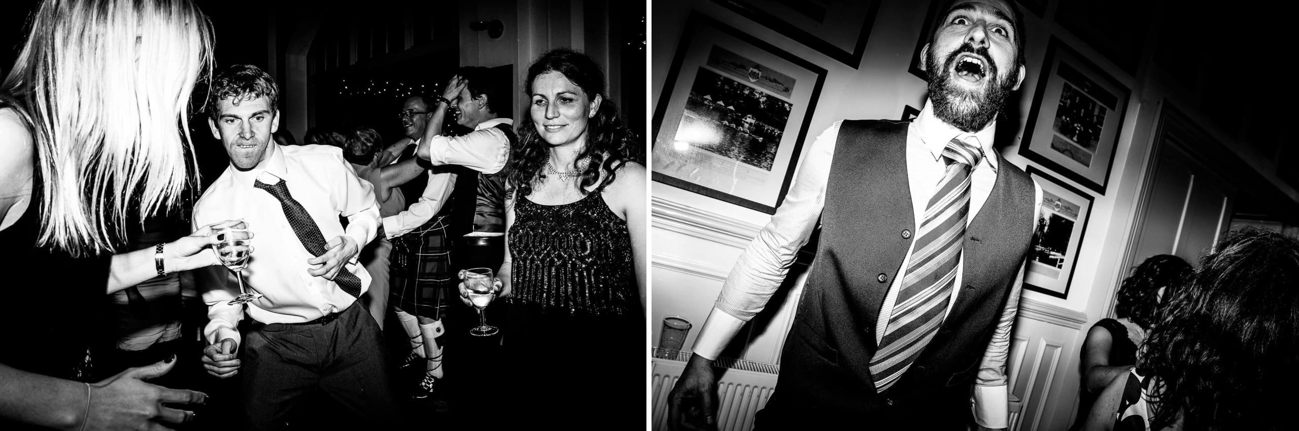 Man in white shirt and tie dancing with woman at indoor party, surrounded by guests holding drinks. — Wedding at The Lodge Hotel Putney, London