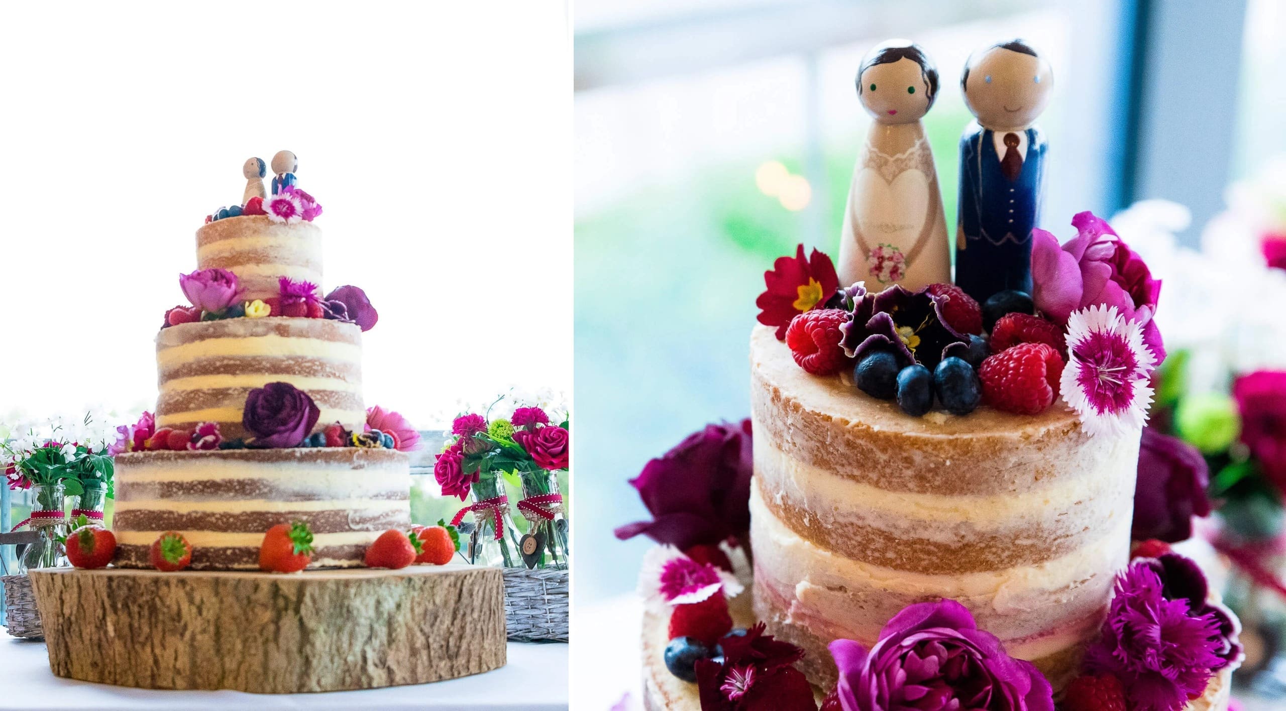 A tiered naked wedding cake decorated with fresh flowers and fruit sits on display. — Wedding at The Lodge Hotel Putney, London