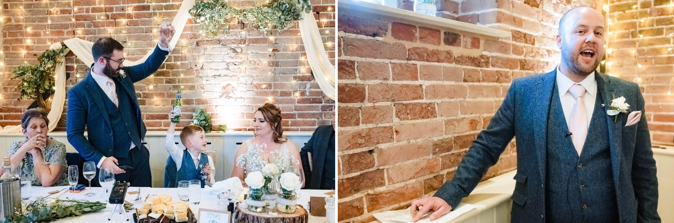 Best man toasting during reception dinner, raising his glass while seated guests listen. — Wedding at Manor Mews, Norfolk
