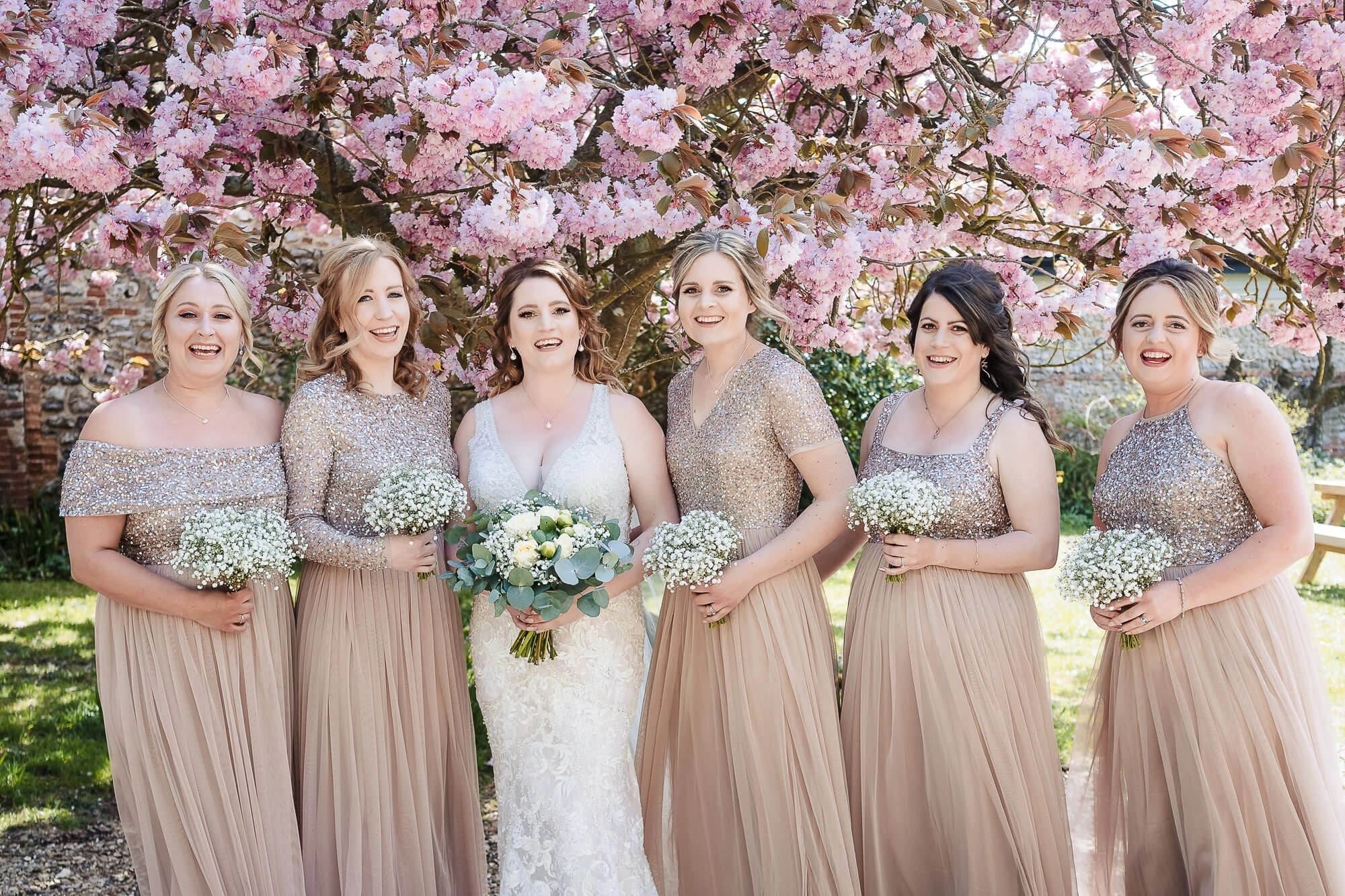 Bride and bridesmaids standing together for a formal wedding party portrait beneath blooming trees. — Wedding at Manor Mews, Norfolk