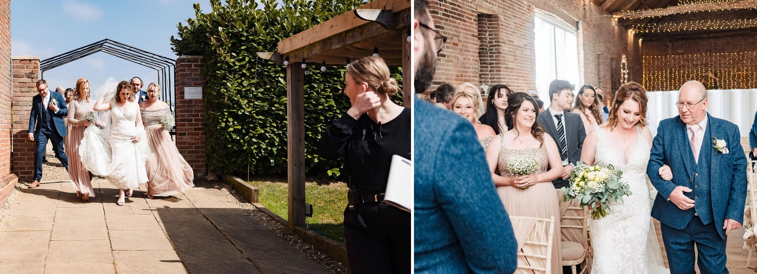 Bride and bridesmaids walking together down a paved pathway toward an outdoor ceremony. — Wedding at Manor Mews, Norfolk