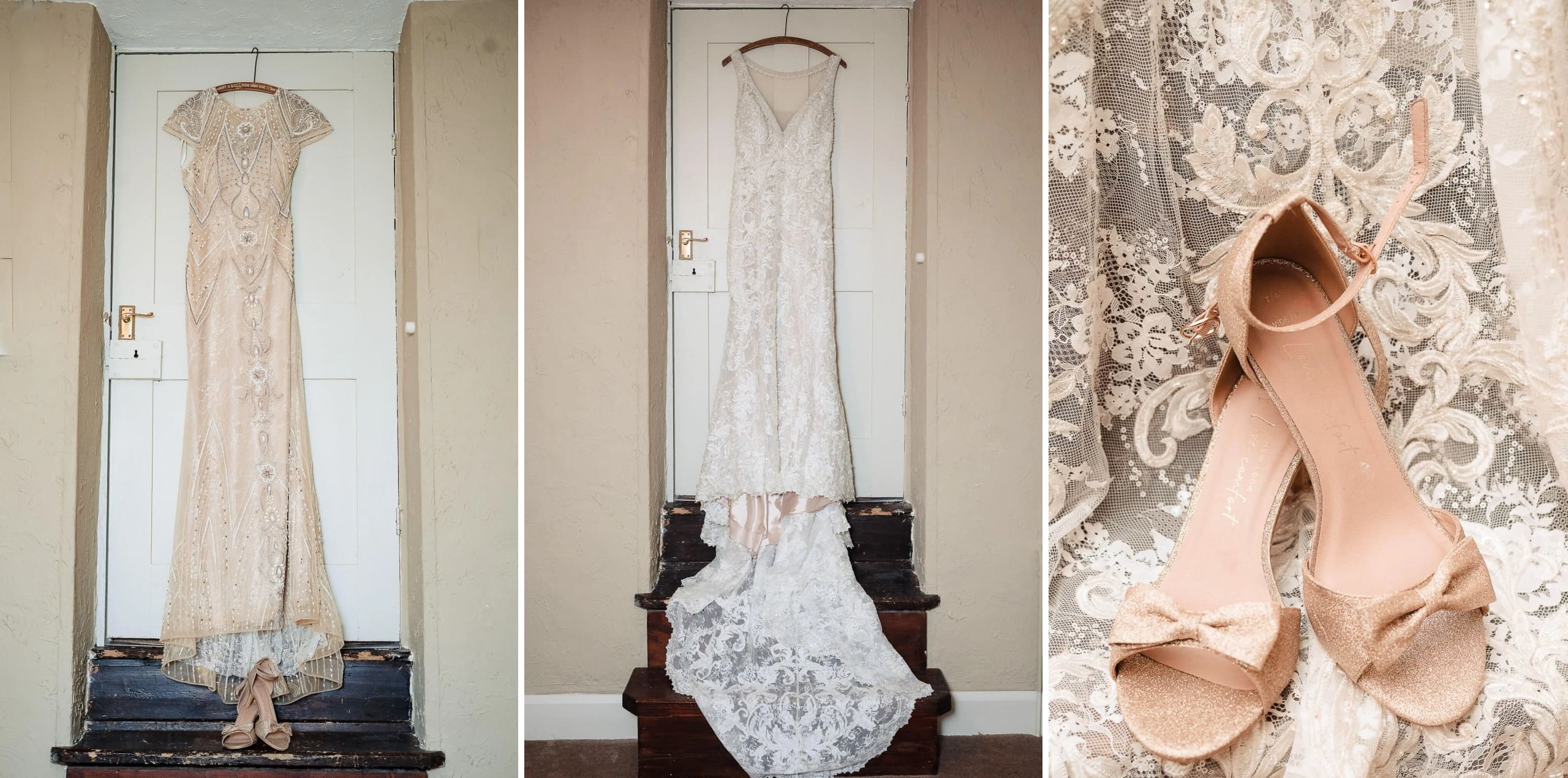 Bride's wedding dress hangs on display above her shoes placed on a dark surface. — Wedding at Manor Mews, Norfolk