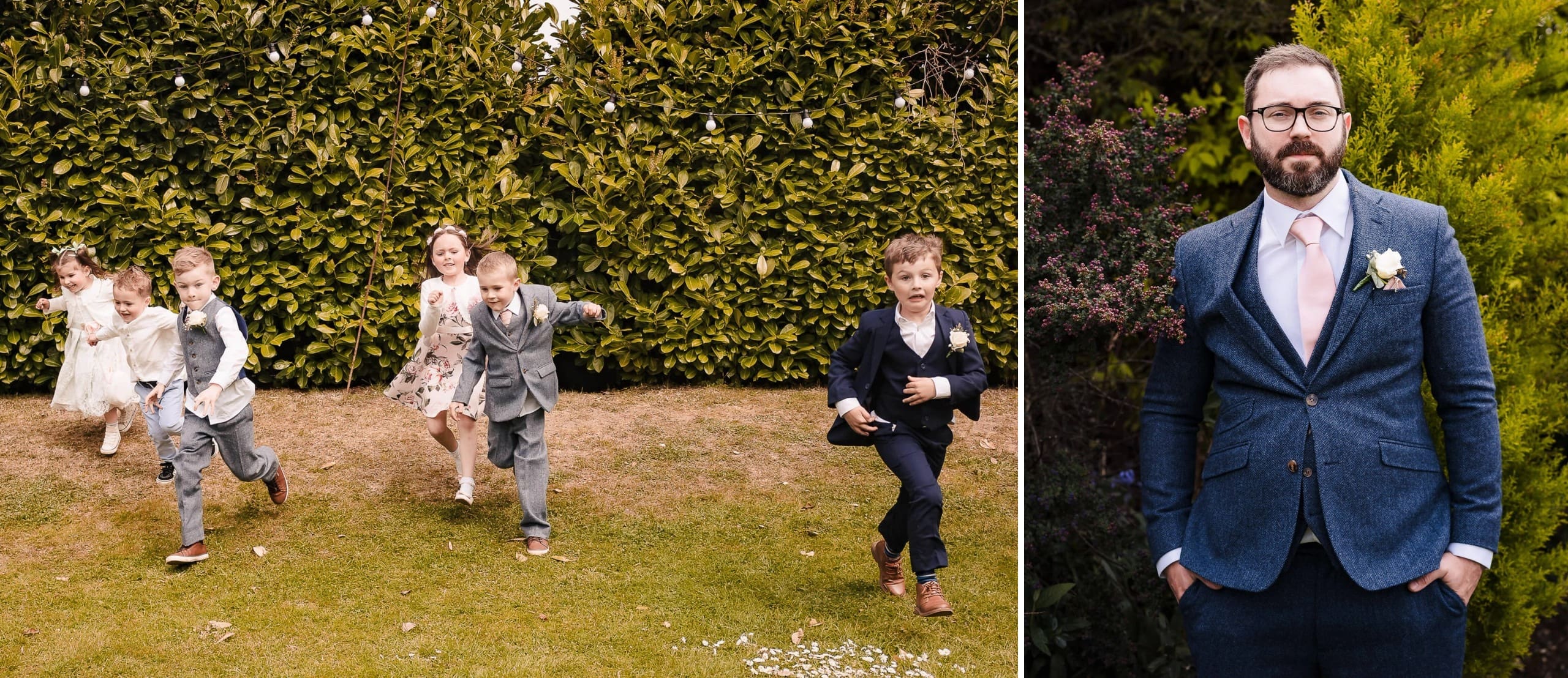 Children running across a lawn toward the camera during an outdoor celebration. — Wedding at Manor Mews, Norfolk