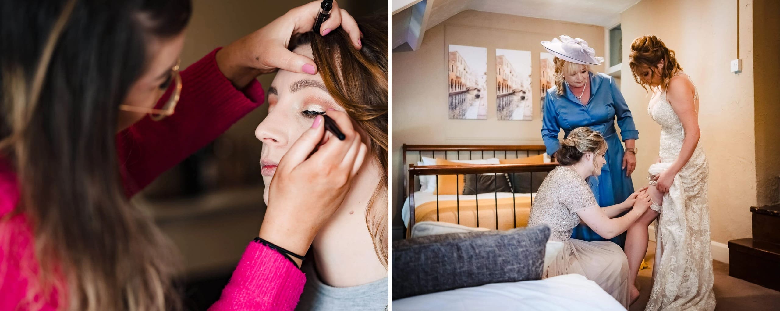 Makeup artist applying eyeliner to a woman's face during getting-ready preparation. — Wedding at Manor Mews, Norfolk