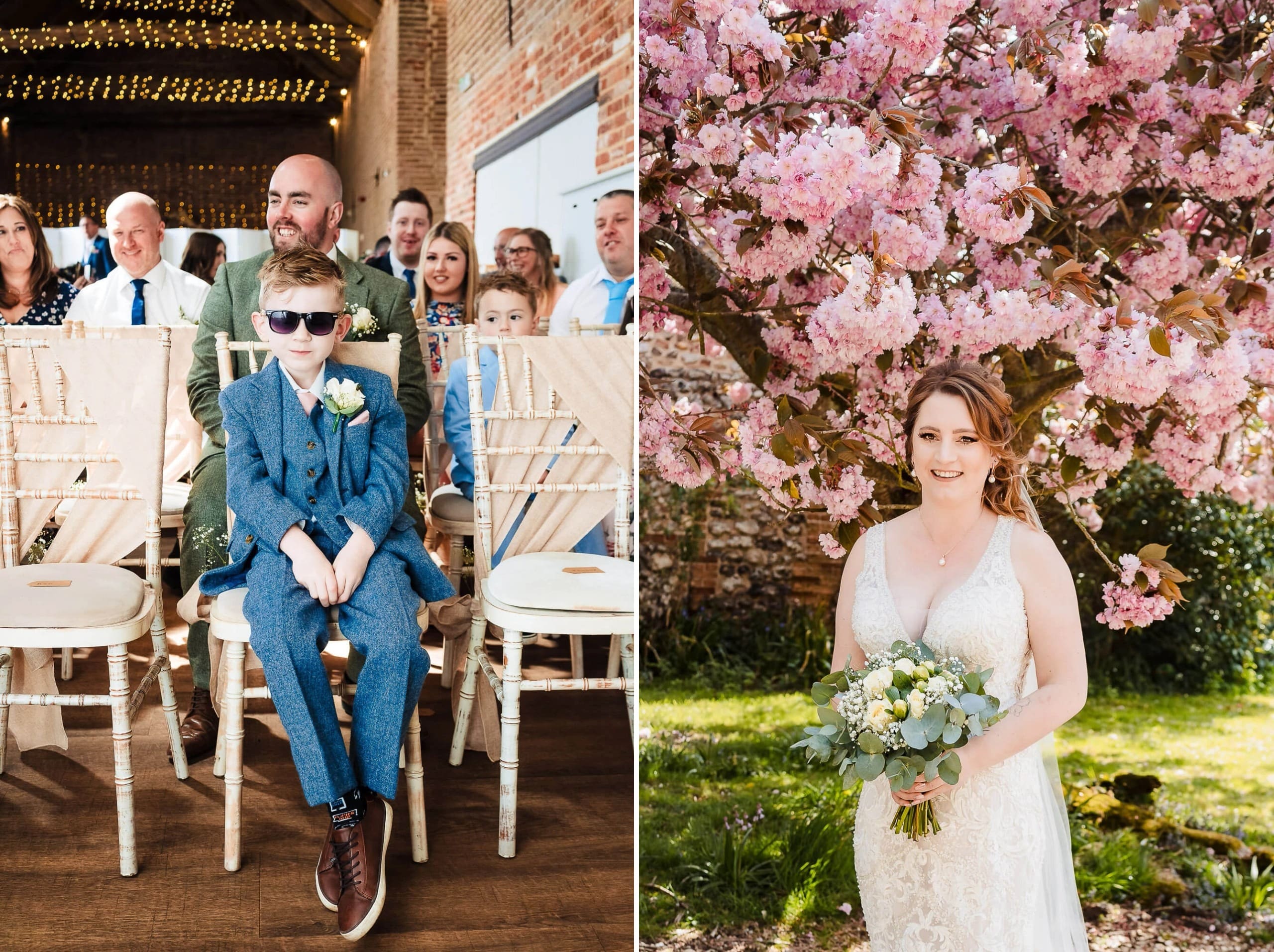 Young child in sunglasses and denim suit sits in white chair at wedding ceremony, guests standing behind. — Wedding at Manor Mews, Norfolk