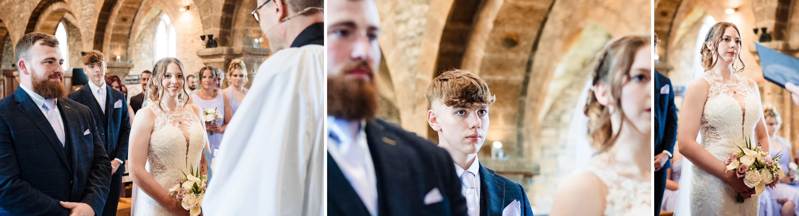 Bride and groom stand at the altar facing the officiant during their wedding ceremony. — Wedding at Moulton Parish Church, Northamptonshire