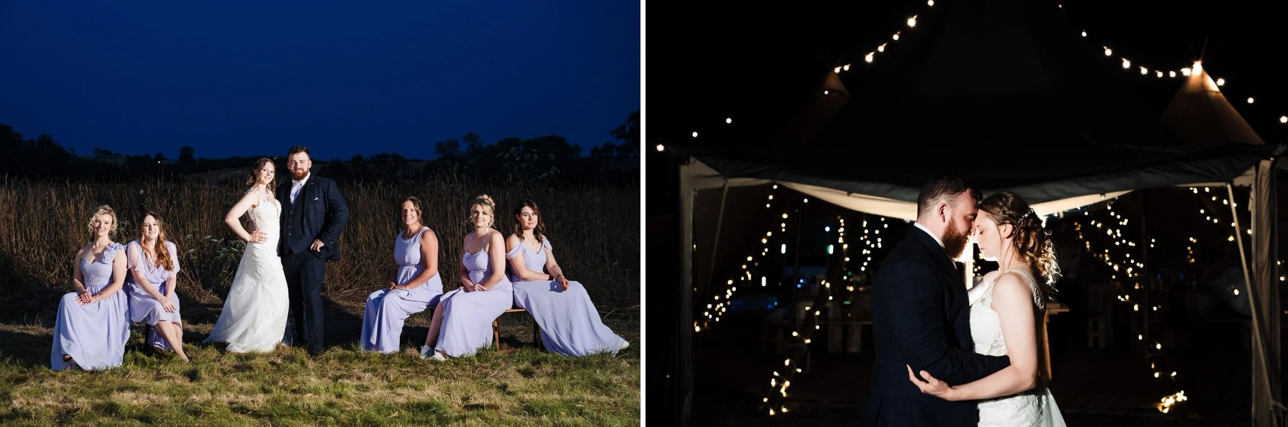 Bride and groom stand centered with bridesmaids arranged seated around them in a formal group portrait at dusk. — Wedding at Moulton Parish Church, Northamptonshire