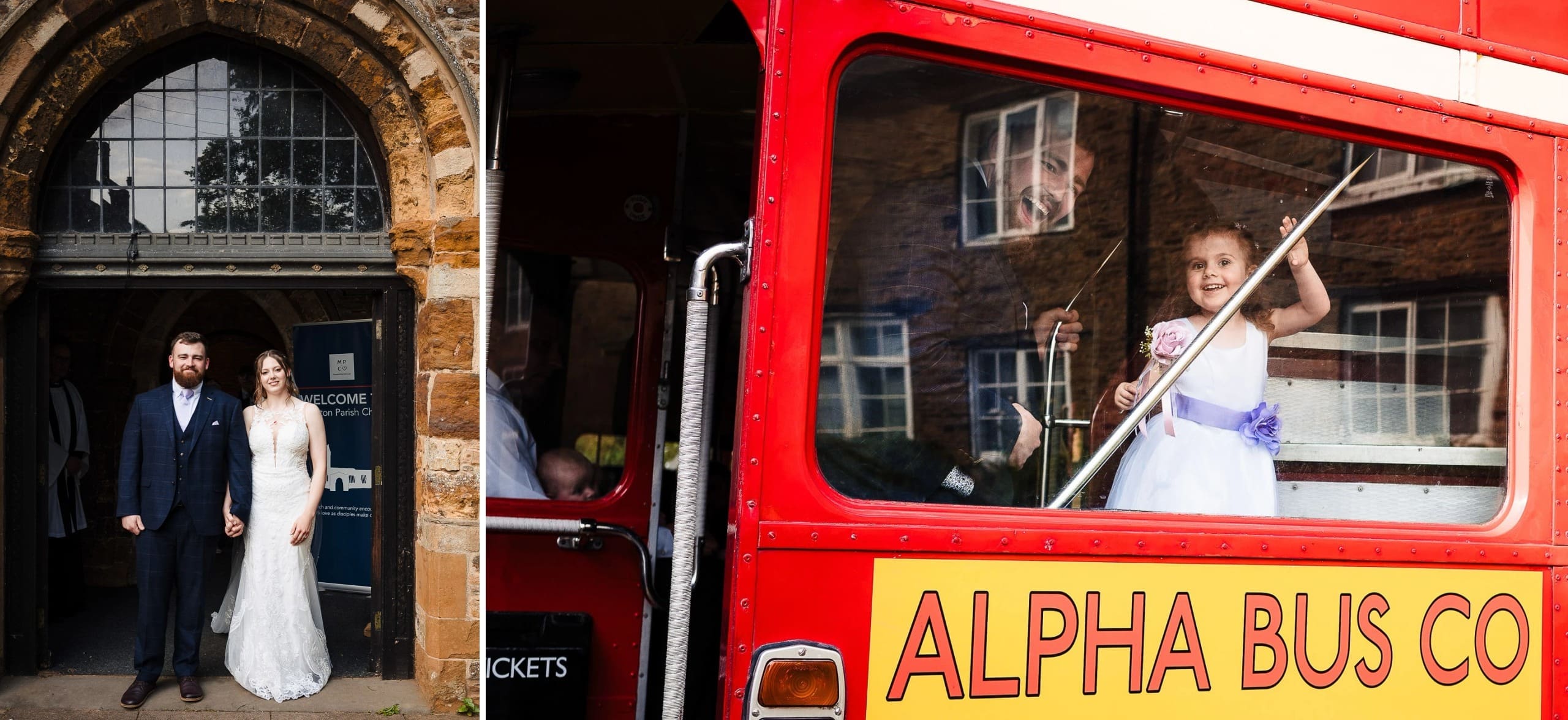 Bride and groom standing together in a stone archway entrance, holding hands and facing the camera. — Wedding at Moulton Parish Church, Northamptonshire