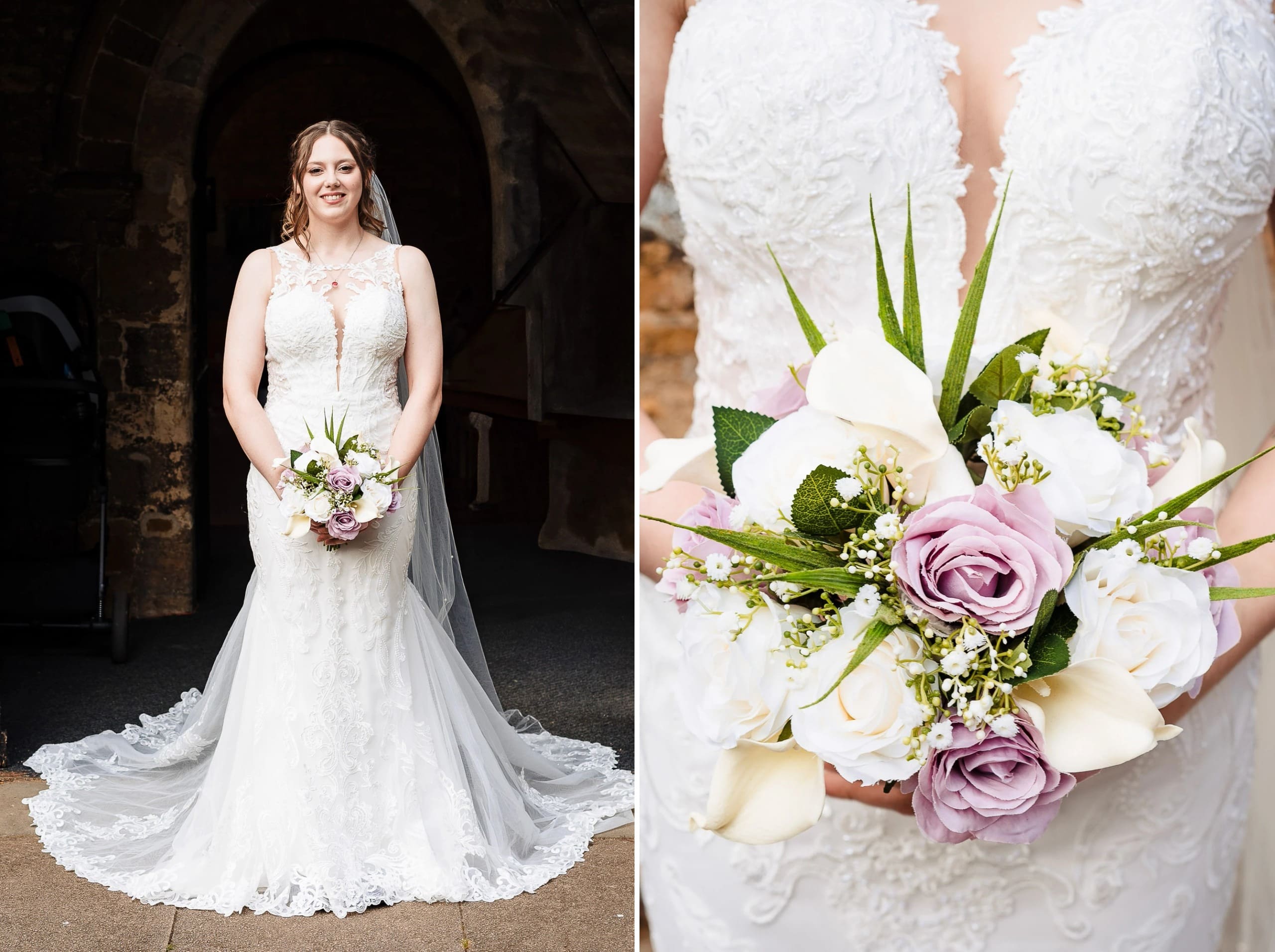 Bride standing alone in a stone archway, holding her bouquet and facing the camera. — Wedding at Moulton Parish Church, Northamptonshire